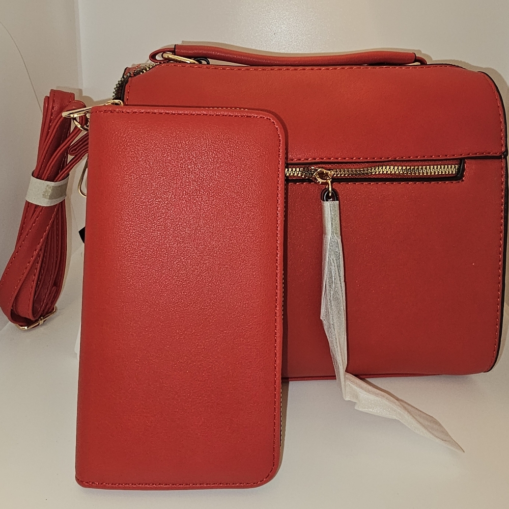 Red Women's Crossbody Bag And Wallet Set